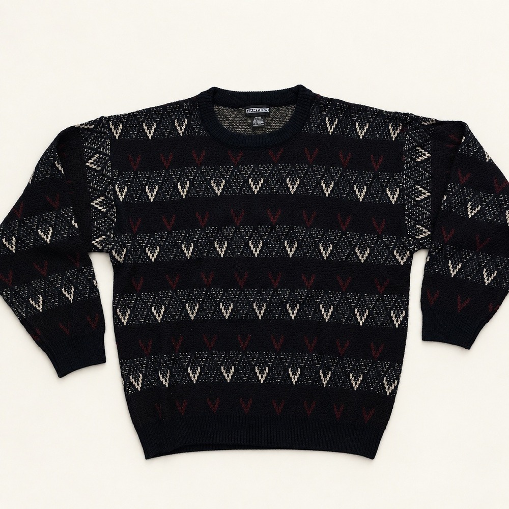 Vintage 90s Jantzen Sweater Mens XL Black Multicolor Geometric Pullover Acrylic